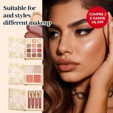 Um livro de maquiagem completo contendo sombras para os olhos, contorno, blush e gloss labial. É um conjunto completo