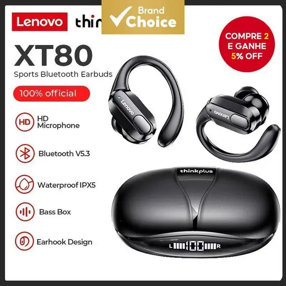 Fones De Ouvido Lenovo XT80 Originais Esportivos Sem Fio bluetooth Com Microfones LED Power Display Hifi Som Estéreo TWS