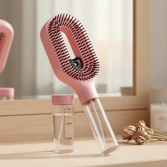 Pente 2 em 1 com Spray Rosa – Hidratação e Esfoliação, Spray de Névoa Fina para Cuidado Fácil dos Cabelos