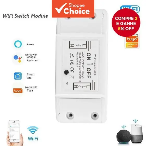 Módulo DIY Mini Interruptor WiFi Inteligente para Tuya - Controle por Voz e Temporizador do Aplicativo Smart Life