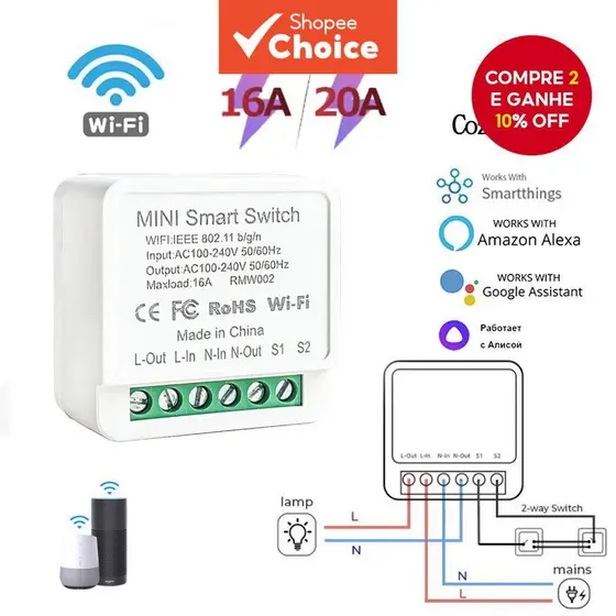 Módulo de Interruptor WiFi Inteligente Novo 16A 20A Relé Disjuntor 2 Vias Controle Remoto APP AC100-240V Compatível com