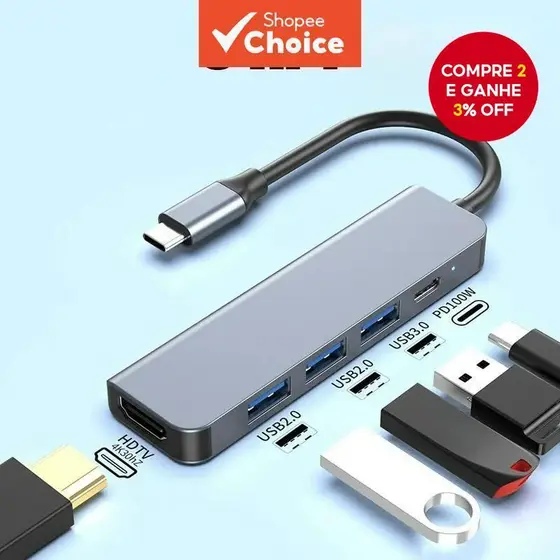 Hub USB-C 5 Portas Adaptador HDMI USB 3.0 2.0 PD Divisor Multifuncional para MacBook e Laptop