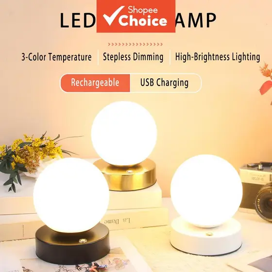Lâmpada de Mesa LED Controle Remoto, Luminária Noturna Sem Fio Recarregável, Escurecimento Contínuo 3 Cores, Base