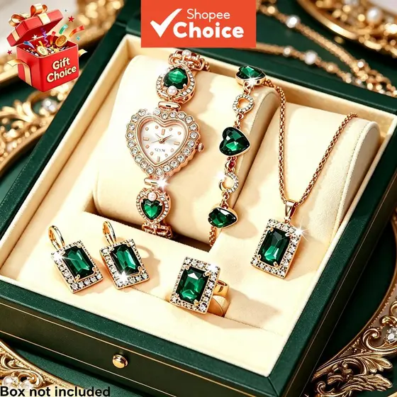 Conjunto de Relógio Feminino com Mostrador em Forma de Coração e Conjunto de Joias de Cristal Esmeralda