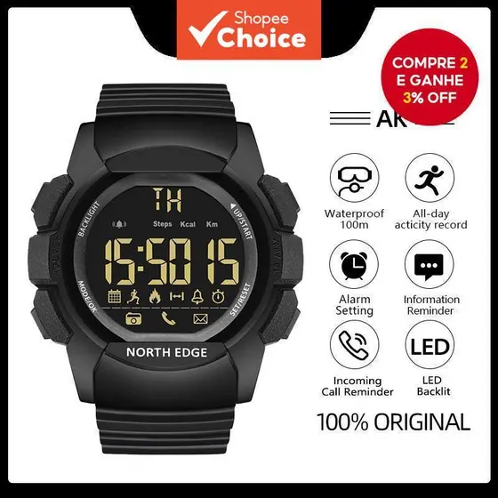 NORTH EDGE Relógio Tático Digital Masculino Com Bateria De 33 Meses Pedômetro 100M À Prova D'água Esporte Ao Ar Livre AK