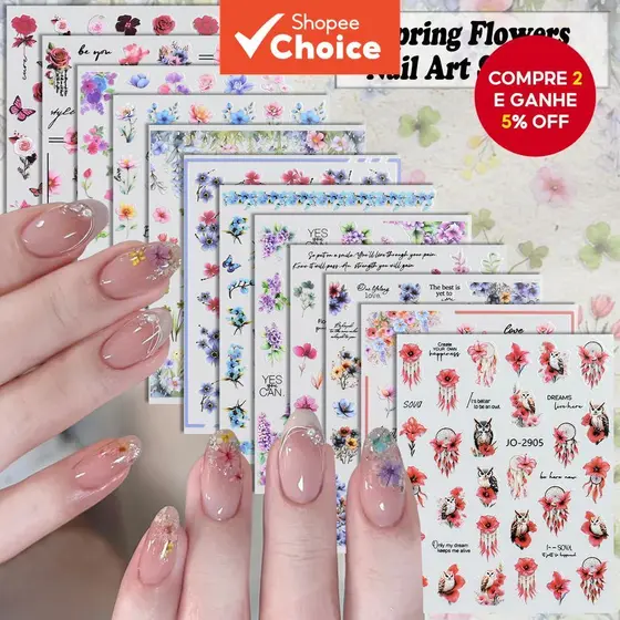 3/6/12 Folhas de Adesivos para Unhas com Flores de Primavera, Decalques Autoadesivos Florais para Decoração de Unhas,