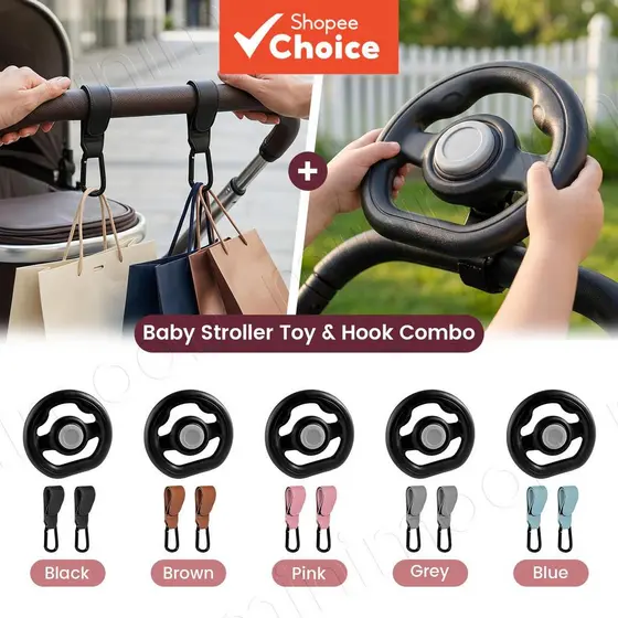 Conjunto de Brinquedo para Carrinho e Ganchos, Volante Interativo para Bebês + Ganchos de Transporte Reforçados para
