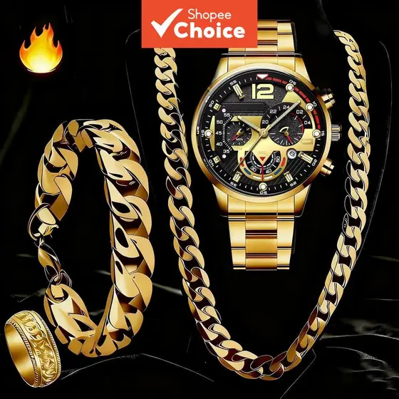 Conjunto de Joias Masculino 4 peças Relógio de Pulso com Calendário Mostrador Dourado, Relógio de Quartzo com Pulseira