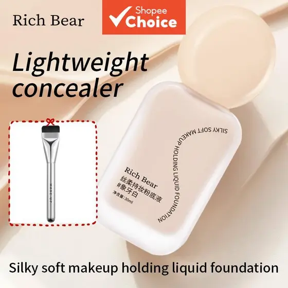 Base Líquida de Longa Duração RichBear 30ml com Pincel Grátis - Leve, Controle de Oleosidade, Resistente ao Suor,