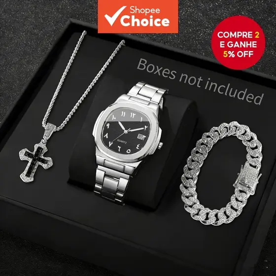 Conjunto De Relógio De Quartzo Com 3 Peças De Pulseira Masculina , Colar , Mostrador Quadrado De Luxo , Pulso Empresaria