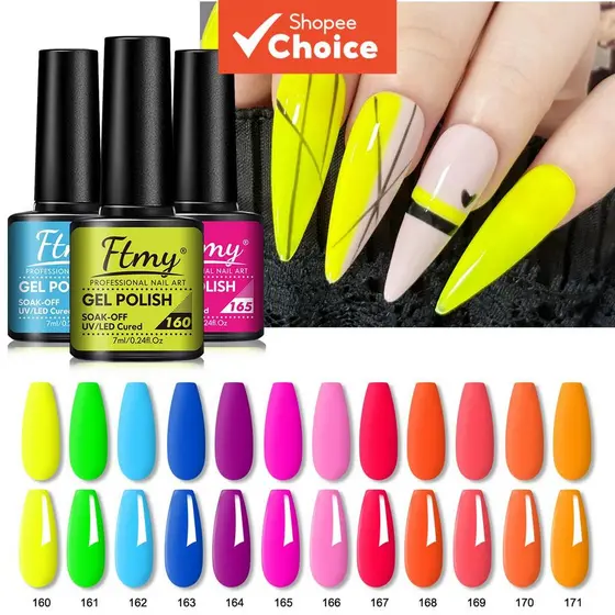 FTMY  Gel de unha de 7 ml - esmalte em gel verde brilhante, laranja e rosa de longa duração, ideal para fortalecimento