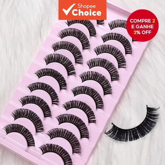 10 Pares de Cílios Postiços Russos D Curl Look Natural Macios Reutilizáveis para Maquiagem dos Olhos, Amigáveis para
