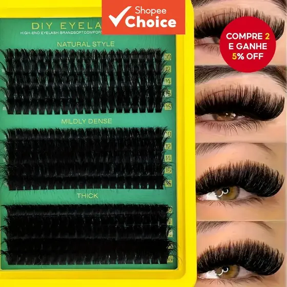Kit de Extensão de Cílios 300 Aglomerados DIY - Cílios Russos Fofos DD Curl, Comprimentos Mistos 10-16mm, Espessura