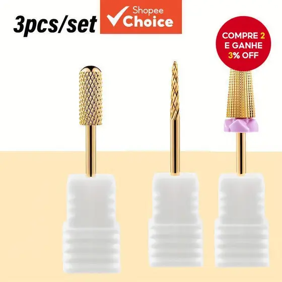 3 peças de brocas de carboneto de tungstênio para unhas, fresa para remoção de esmalte e gel UV, ponta cônica de