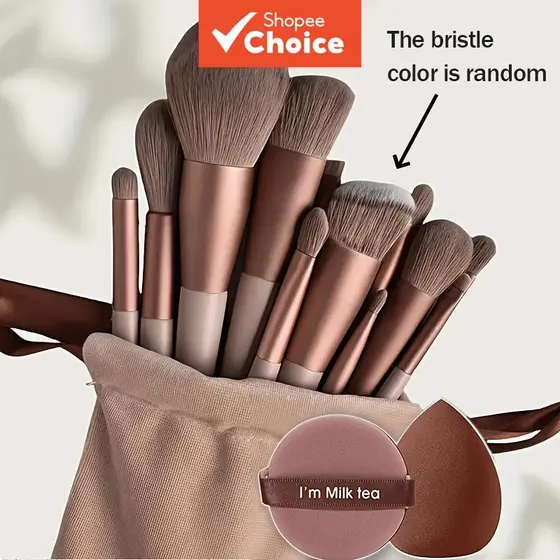 15 Peças Conjunto Profissional de Maquiagem - 13 Pincéis Marrons com 2 Aplicadores Premium para Rotina de Beleza