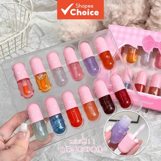 Conjunto Mini Cápsula de 12 Gloss Labiais, Óleo Labial Hidratante e Brilhante, Brilho Labial com Glitter, Presente de
