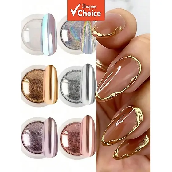 Pó Mágico Holográfico Para Unhas Com Efeito Cromado , Conjunto De 6 Cores , Arco-Íris Aurora , Usado Decoração De design