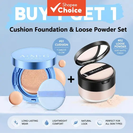 Base Dupla de Verão Perfeita – Base Cushion com FPS + Pó Fixador, Hidratante & de Longa Duração, Sem Brilho o Dia Todo