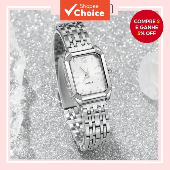 Relógio Feminino Elegante Prata com Caixa Quadrada | Pulseira de Aço Inoxidável, Números Romanos, Relógio Minimalista