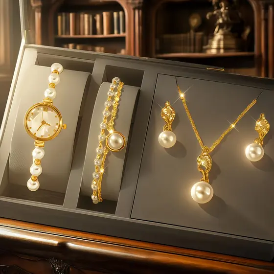 5 peças/conjunto Relógio de Pulso Feminino Elegante Quartzo com Pulseira de Pérola, Relógio Romano Fashion para