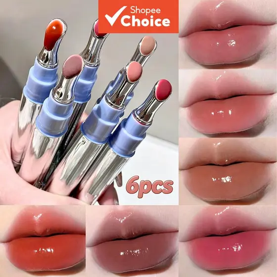 Conjunto com 6 gloss labiais translúcidos e frescos, brilho cristalino e efeito de lábios de vidro, fácil de aplicar e
