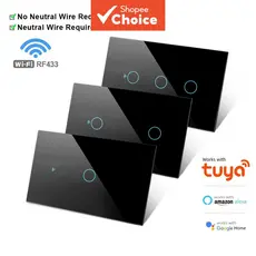 Interruptor De Parede Inteligente WiFi RF433 Para Tuya Sem Sensor De Toque De Fio Neutro Alexa