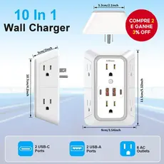 Protetor Contra Surtos Extensor De Tomada 6 Tomadas Com 4 Portas USB Multi Adaptador