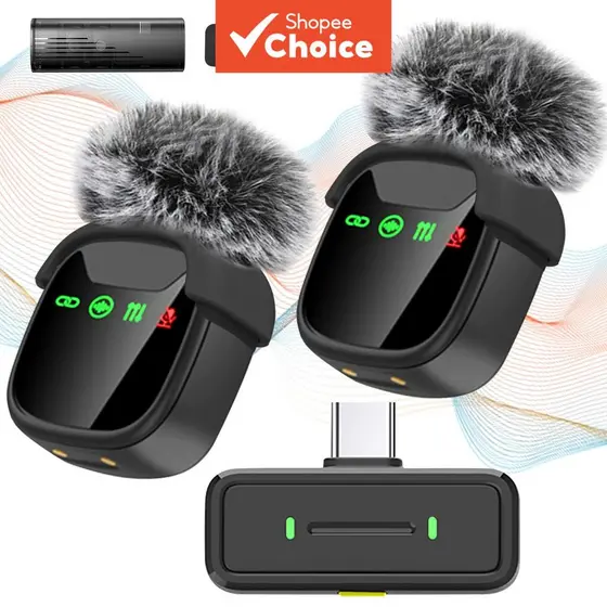 Microfone de Lapela Sem Fio 2 Unidades para iPhone e Android - Microfone Clip-On para YouTube, TikTok, Podcast e Vlogs -
