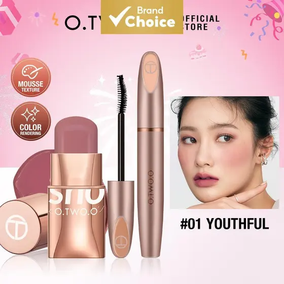 Conjunto de Maquiagem O.TWO.O 2 peças: Bastão de Blush + Máscara de Volume e Curvatura à prova d'água de longa duração