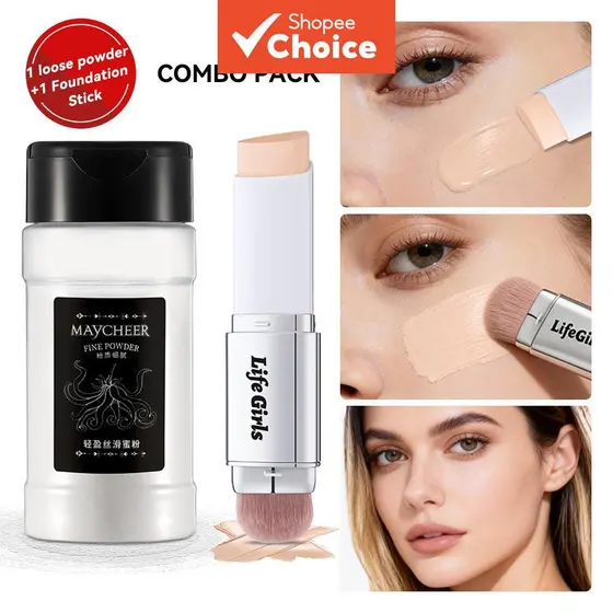 Conjunto de Maquiagem 2 em 1 para Meninas, Base Leve em Bastão e Pó Solto Respirável para Acabamento Impecável