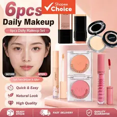 Kit Facial Completo – 6 Peças De Brilho Labial/Paleta De Blush (2 Unidades)/Pó Fixador/Corretivo Líquido/Bastão De Base