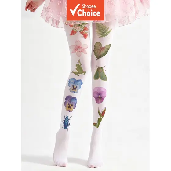 Meias-calças Femininas com Padrão de Sapos e Flores - Meias Fofas com Estampa de Natureza - Leggings de Rede Y2K com