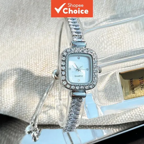 Pulseira feminina flexível com zircônia incrustada, caixa de liga quadrada com diamantes, mostrador simples com escala