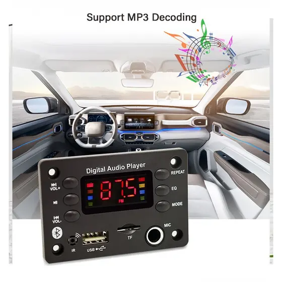 Placa Decodificadora Bluetooth 5.0 MP3/WMA/WAV/APE 5V/12V DC com Microfone para Áudio Automotivo Mãos Livres, USB,