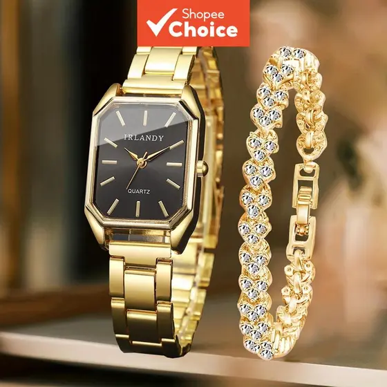 Relógio De Quartzo Retangular Feminino Pulseira De Strass Conjunto De 2 Peças Relógios De Pulso Elegantes
