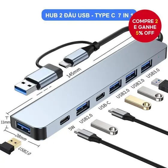 Hub USB de Alumínio 7 em 1 com Múltiplas Portas USB e USB-C, Divisor OTG Tipo C 3.0