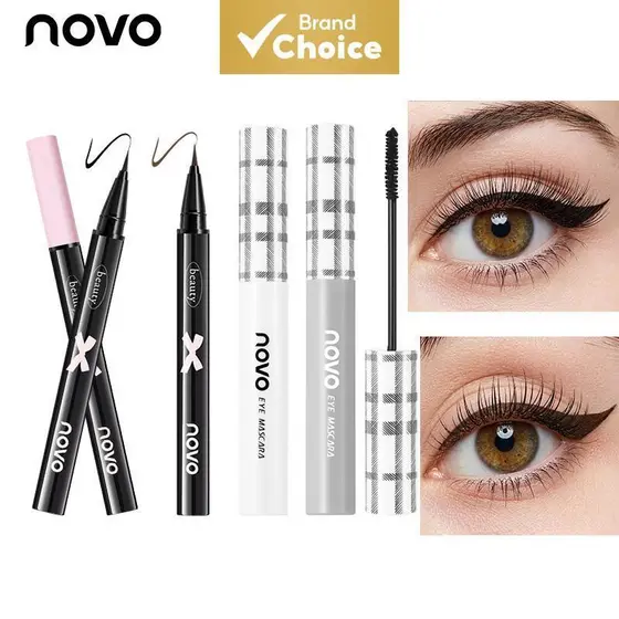 NOVO Kit de Delineador e Máscara para Olhos, Delineador Líquido Preto/Marrom, Máscara Alongadora e Volumosa, À Prova