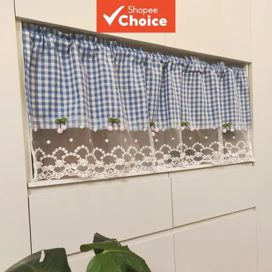 Cortina De Linho De Algodão Xadrez Azul Estilo Pastoral , 1 Peça , Haste Semi-Blackout , Divisor De Bolso Para Cozinha ,