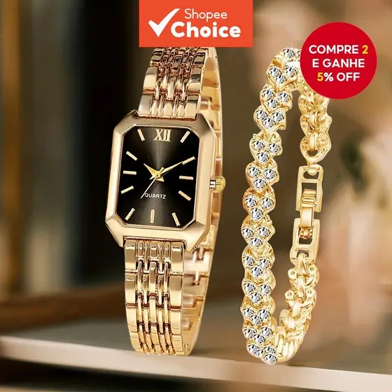 Relógio de Pulso Feminino Retangular de Quartzo com Pulseira de Strass Conjunto de Pulseira com Mostrador Romano