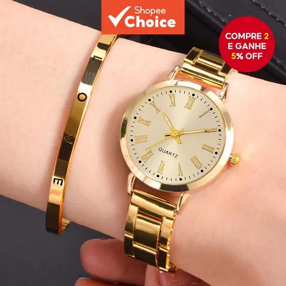 Senhoras Relógio Conjunto 2 Pçs Ouro Aço Inoxidável Pulseira De Quartzo Fino Moda Estudante Presente Feminino Luxo