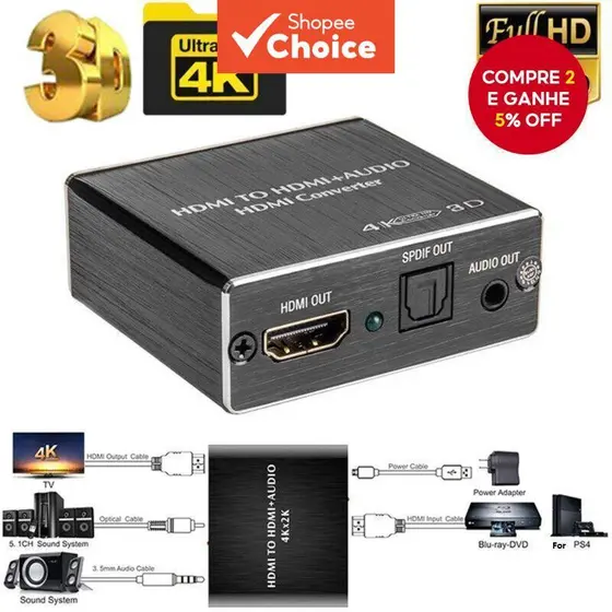 Conversor Extrator De Áudio HDMI Óptico TOSLINK SPDIF E Adaptador Divisor De 3.5 Mm Para PS5 PC
