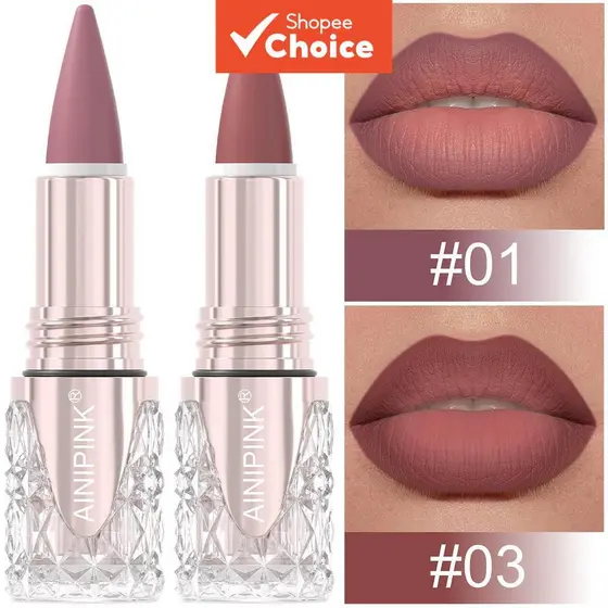 Conjunto de Batons Matte AINIPINK 2 unidades (01#03#) Tubo de Diamante Cristal, À Prova D'Água, Longa Duração,