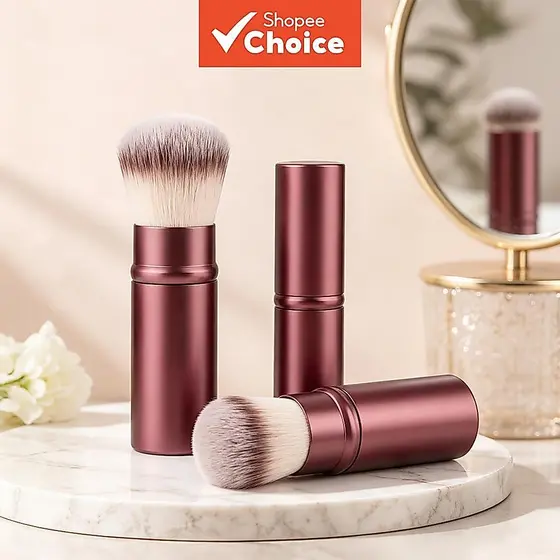 Pincel de Maquiagem Retrátil Portátil, Cerdas Sintéticas Macias, Base/Blush/Pó, Mini Pincel com Capa Protetora