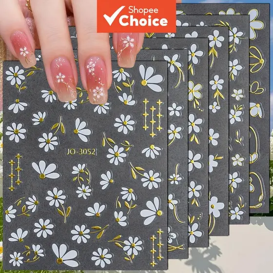 3/6/12 Folhas Adesivos 3D de Unha Margarida Branca com Linha Dourada, Folhas e Flores, Autocolantes para Arte de Unhas