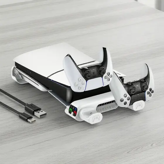 Suporte Horizontal Multifuncional com Ventilador de Refrigeração e Carregador Duplo para PS5/PS5 Slim/PS5 Pro Disc &