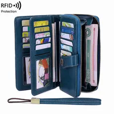 Carteira Portátil De Couro De Cera Longa Antirroubo Moda Feminina Bolsa Multifuncional