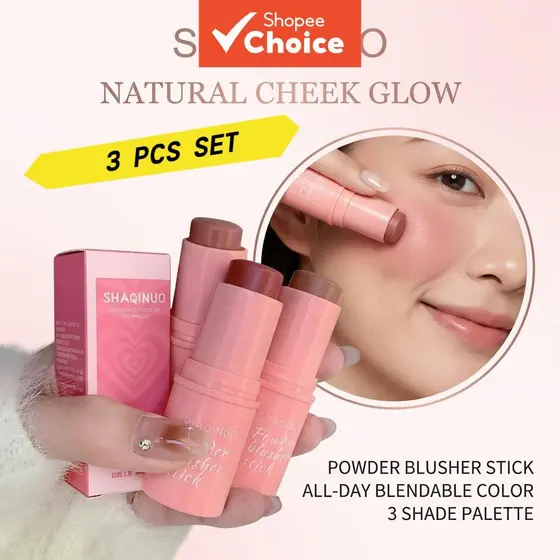 Conjunto de 3 Blushes em Bastão Shaqinuo, Acabamento Natural e Intenso, Estilo Coreano, com Efeito de Realce para