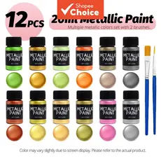 Conjunto de Tintas Metálicas AGR 20 ml x 12 Cores com 2 Pincéis para Pintura em Tela, Madeira e Pedras, DIY Artesanato