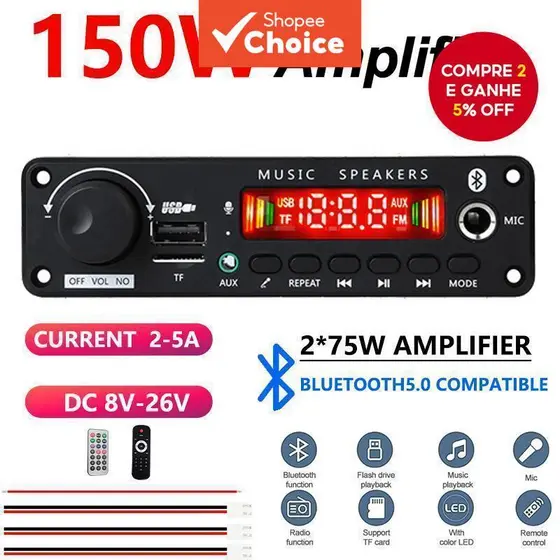 Placa Amplificadora Bluetooth 150W Display Digital 8V-26V Entrada De Ampla Tensão Com Cabo De Alimentação Hi-Fi