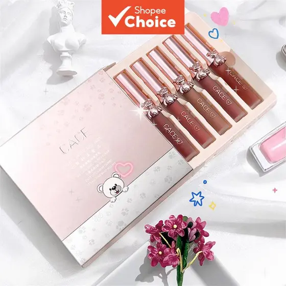 CACE Conjunto de Gloss e Lama Labial Ursinho Fofo 5 Peças, 5Pcs pigmentados de longa duração para maquiagem labial